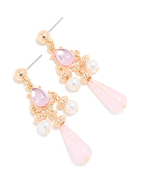 Gold Pink Diamante & Pearl Layered Drop Earrings - link has visual effect only