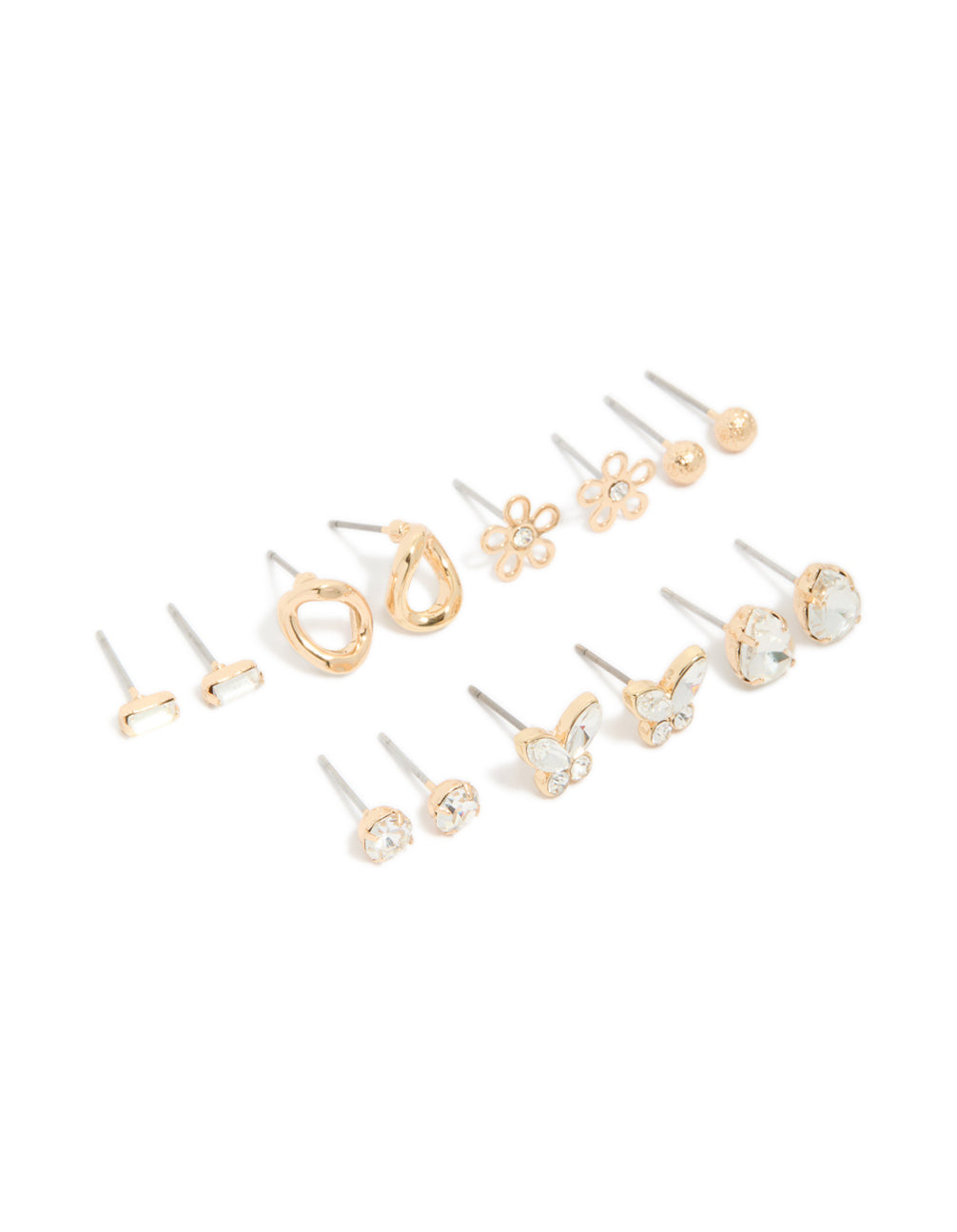 Gold Cubic Zirconia & Butterfly Stud Earrings 7-Pack