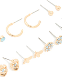Gold Light Blue Diamante Flower Stud Earrings 7-Pack - link has visual effect only