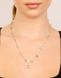 Gold Plated Green Aventurine Semi Precious Stone Cubic Zirconia Letter S Necklace - link has visual effect only