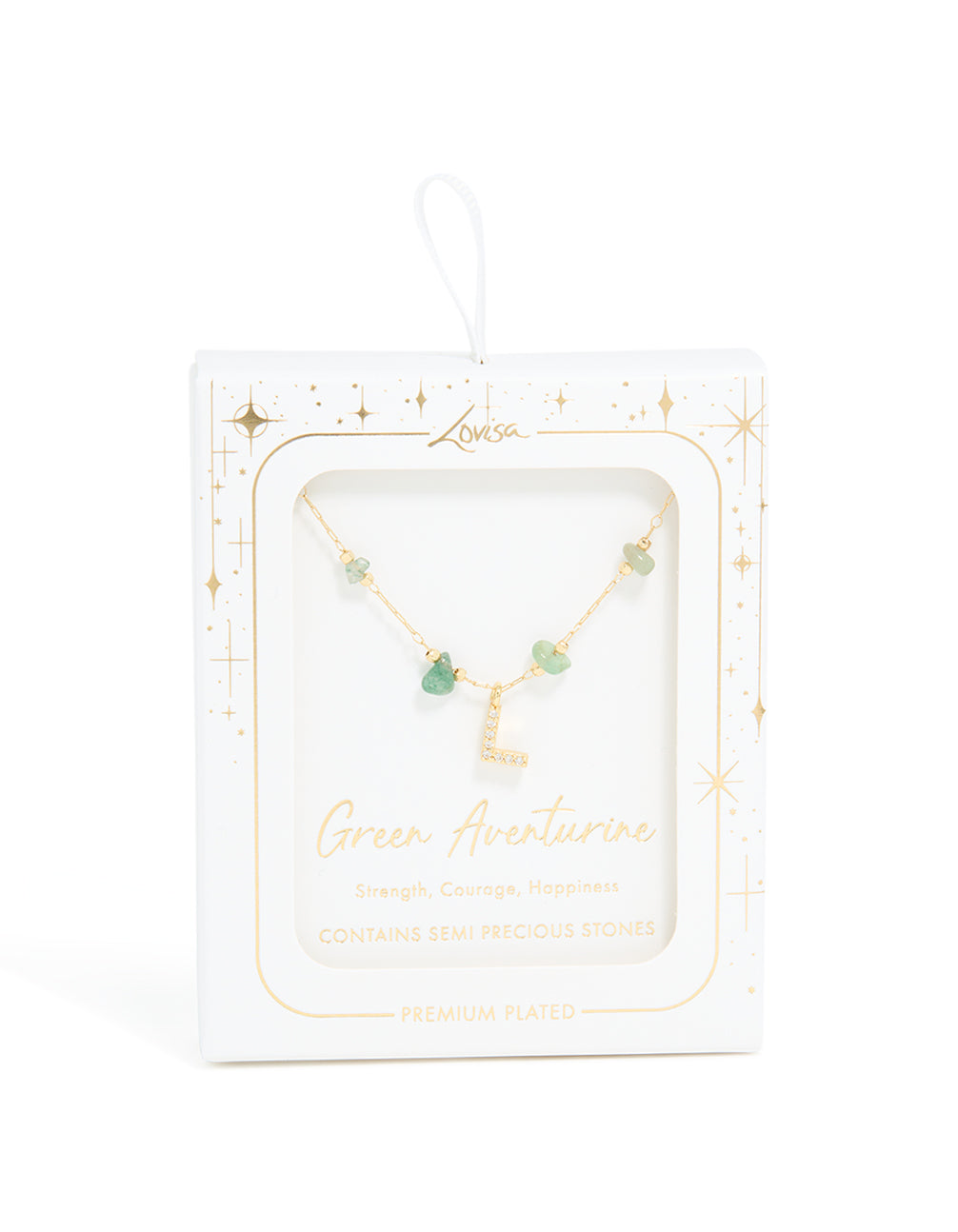 Gold Plated Green Aventurine Semi Precious Stone Cubic Zirconia Letter L Necklace