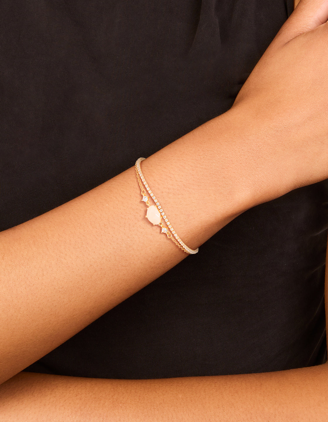 Gold Plated Cubic Zirconia & Rose Quartz Semi-Precious Stone Bracelets 2-Pack