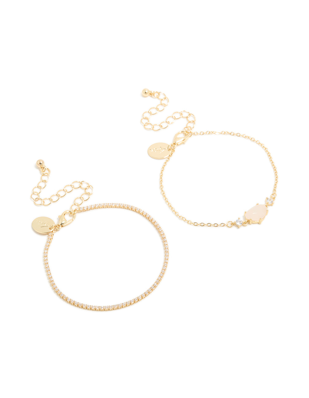 Gold Plated Cubic Zirconia & Rose Quartz Semi-Precious Stone Bracelets 2-Pack