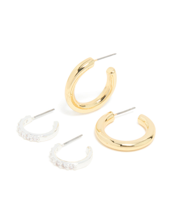 Mixed Metal Plated Cubic Zirconia Classic Hoop Earrings 2-Pack