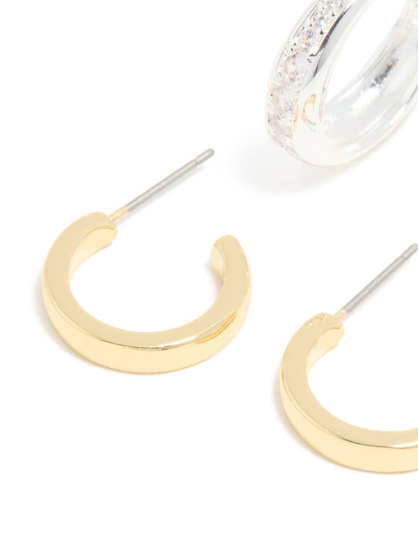 Mixed Metal Plated & Cubic Zirconia Line Open Hoop Earrings 2-Pack