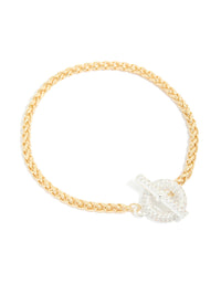 Elegant mixed metal plated cubic zirconia T and O chain bracelet featuring gold links with silver toggle closure front view - link has visual effect only