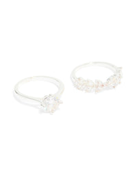 Silver Plated Cubic Zirconia Glitzy Floral & Claw Set Stacking Rings 2-Pack - link has visual effect only