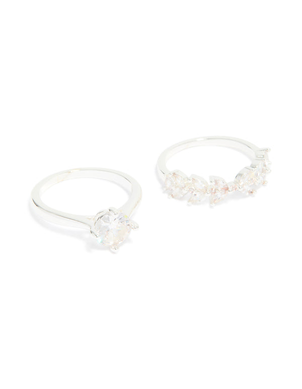 Silver Plated Cubic Zirconia Glitzy Floral & Claw Set Stacking Rings 2-Pack