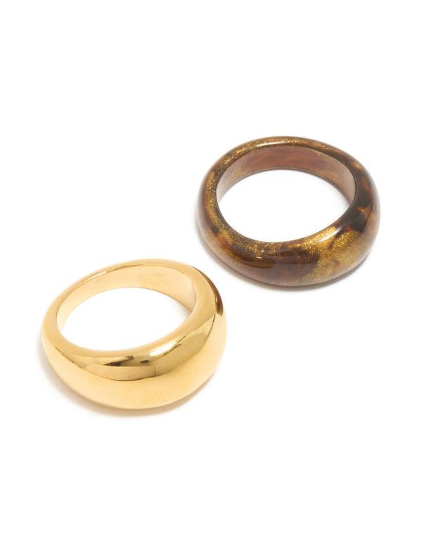 Elegant waterproof gold plated stainless steel and brown modern stacking rings in a 2-pack with chunky design and glitter front view