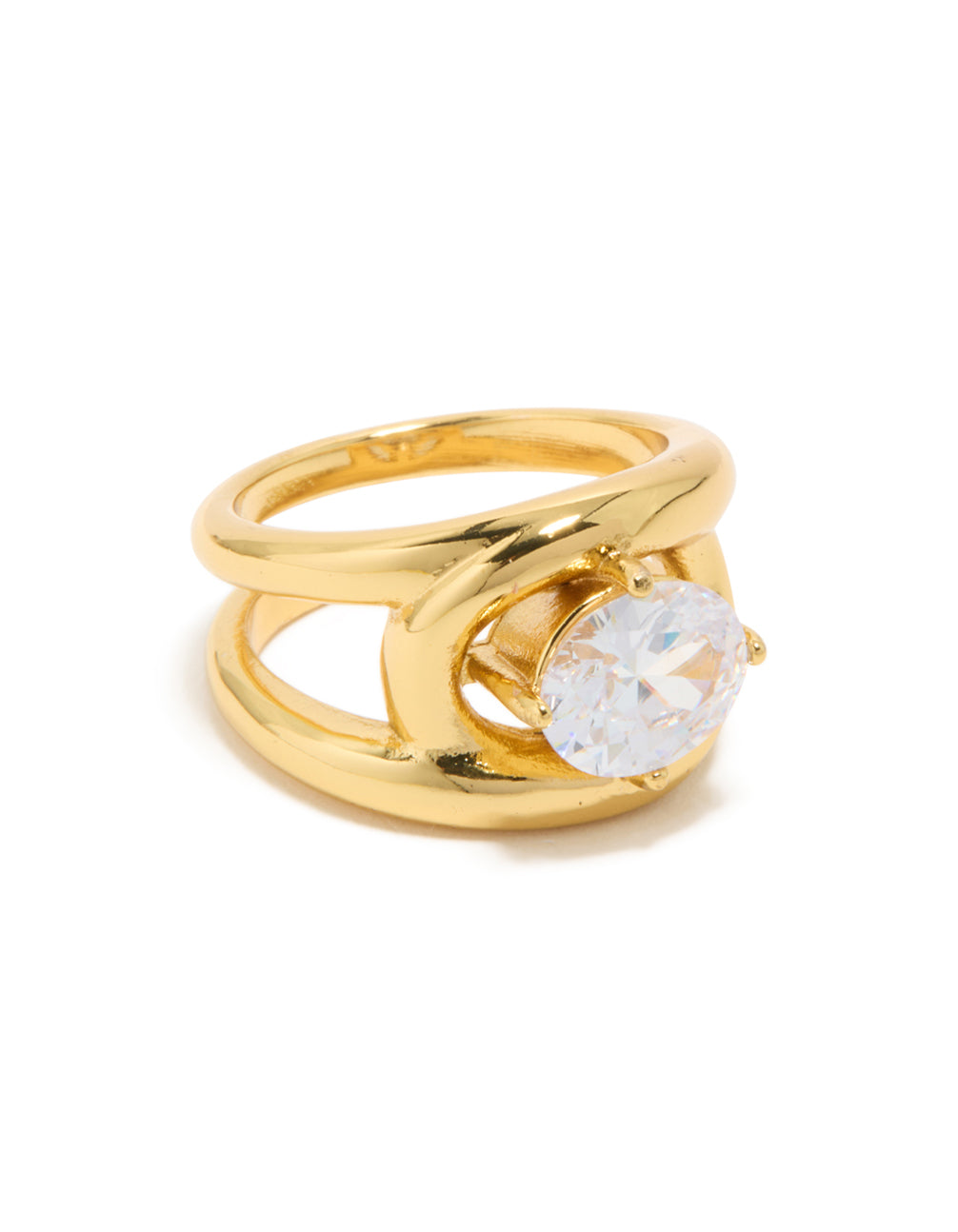 Crafted from waterproof gold plated stainless steel with cubic zirconia and fancy split band design front view