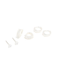 Silver Cubic Zirconia Huggie & Stud Earrings 3-Pack - link has visual effect only