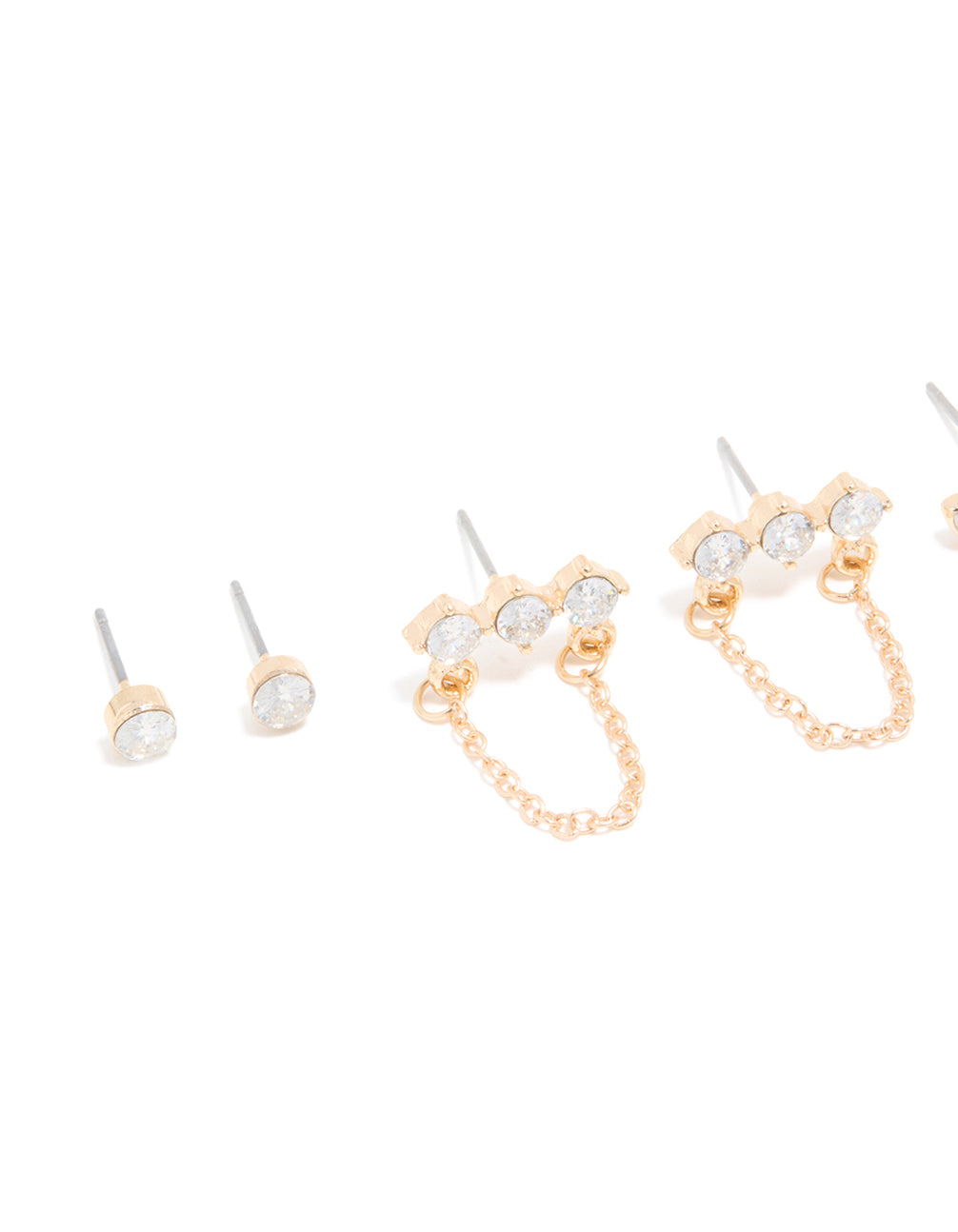 Gold Cubic Zirconia Stud & Chain Earrings 3-Pack