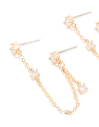 Gold Cubic Zirconia Double Chain Earrings & Ear Cuff 3-Pack - link has visual effect only