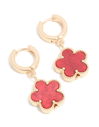 Gold Red Flower Drop Huggie Earrings - link has visual effect only