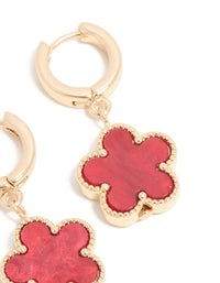 Gold Red Flower Drop Huggie Earrings - link has visual effect only