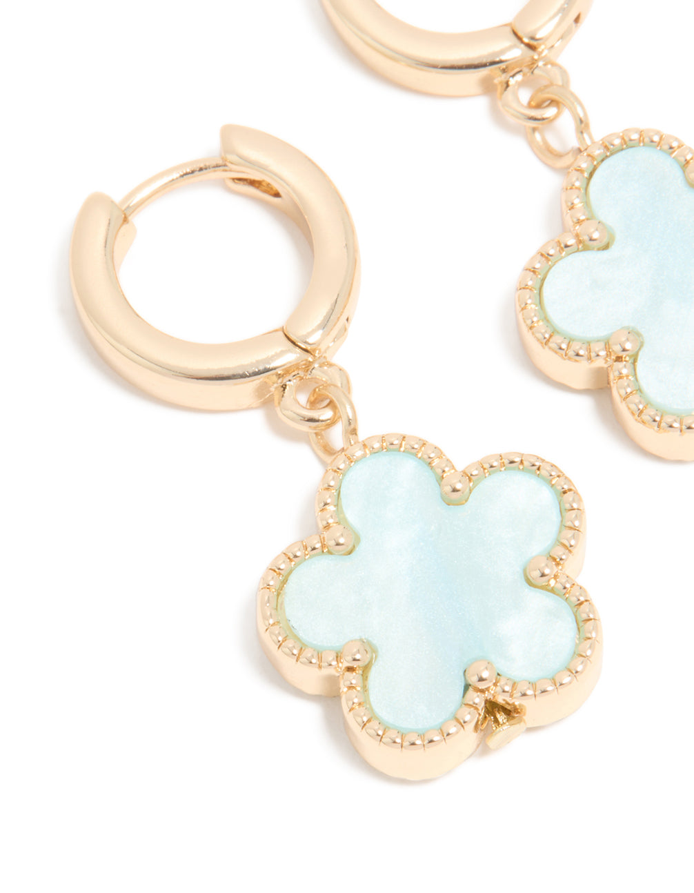Gold Light Blue Flower Drop Huggie Earrings