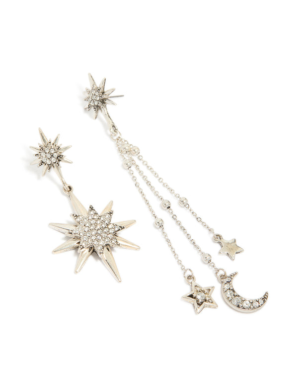 Antique Silver Diamante Asymetrical Star & Moon Drop Earrings