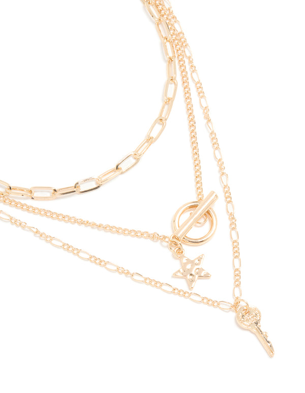 Gold Chain T Bar & Pendants Layered Necklace