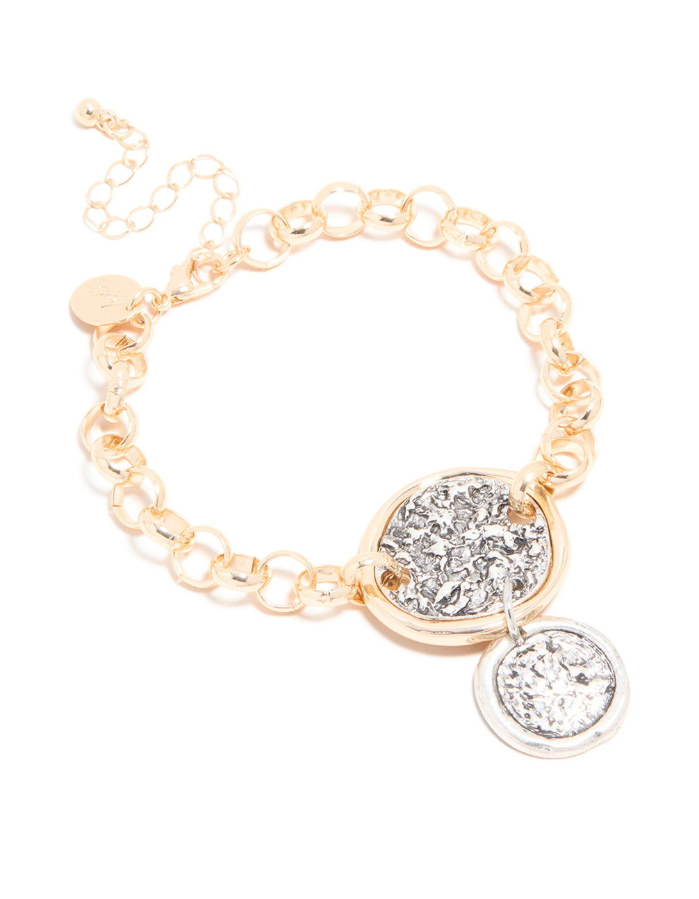 Mixed Metal Textured Disc Drop Charm Bracelet