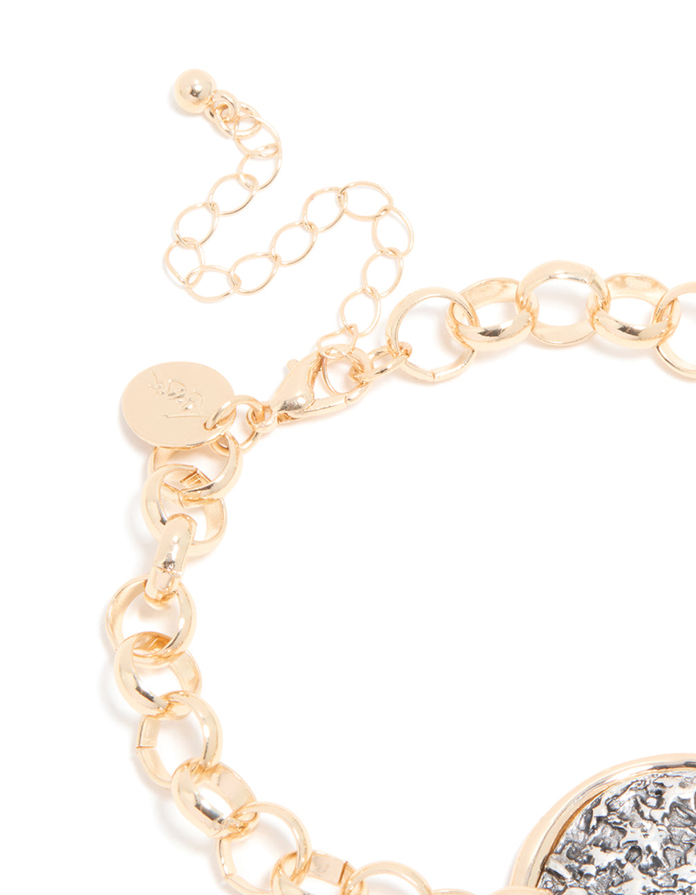 Mixed Metal Textured Disc Drop Charm Bracelet