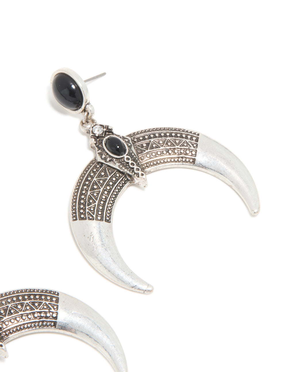 Antique Silver Black Stone Moon Drop Statement Earrings