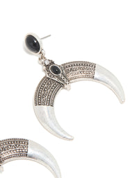 Antique Silver Black Stone Moon Drop Statement Earrings - link has visual effect only