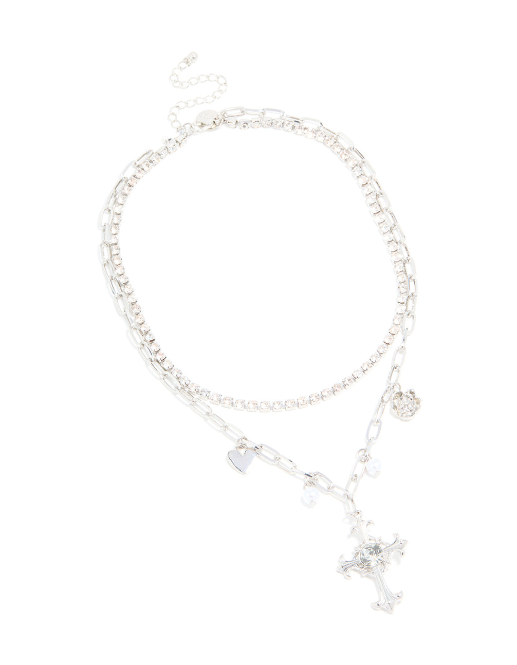 Silver Diamante & Pearl Cross Layered Necklace