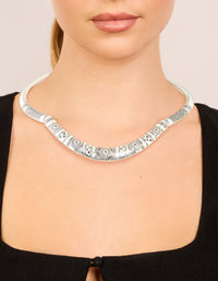 Antique Silver Textured Patterned Adjustable Choker Necklace - link has visual effect only