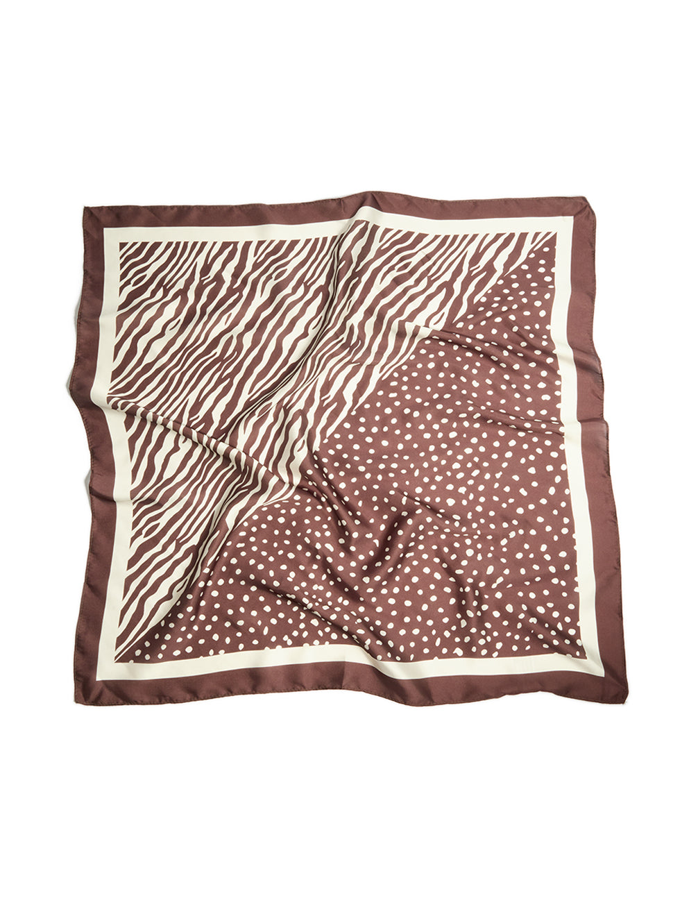 Discover a half spot and zebra fabric scarf in saddle brown and ivory front view