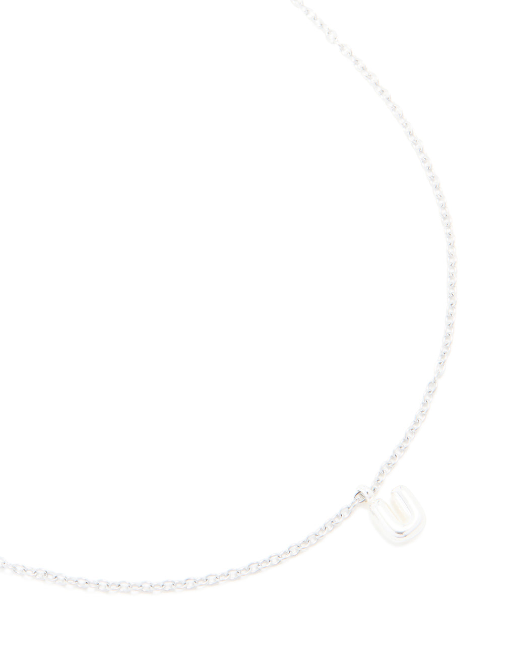 Showcasing a waterproof stainless steel mini bubble letter U necklace featuring initial pendant in silver front view