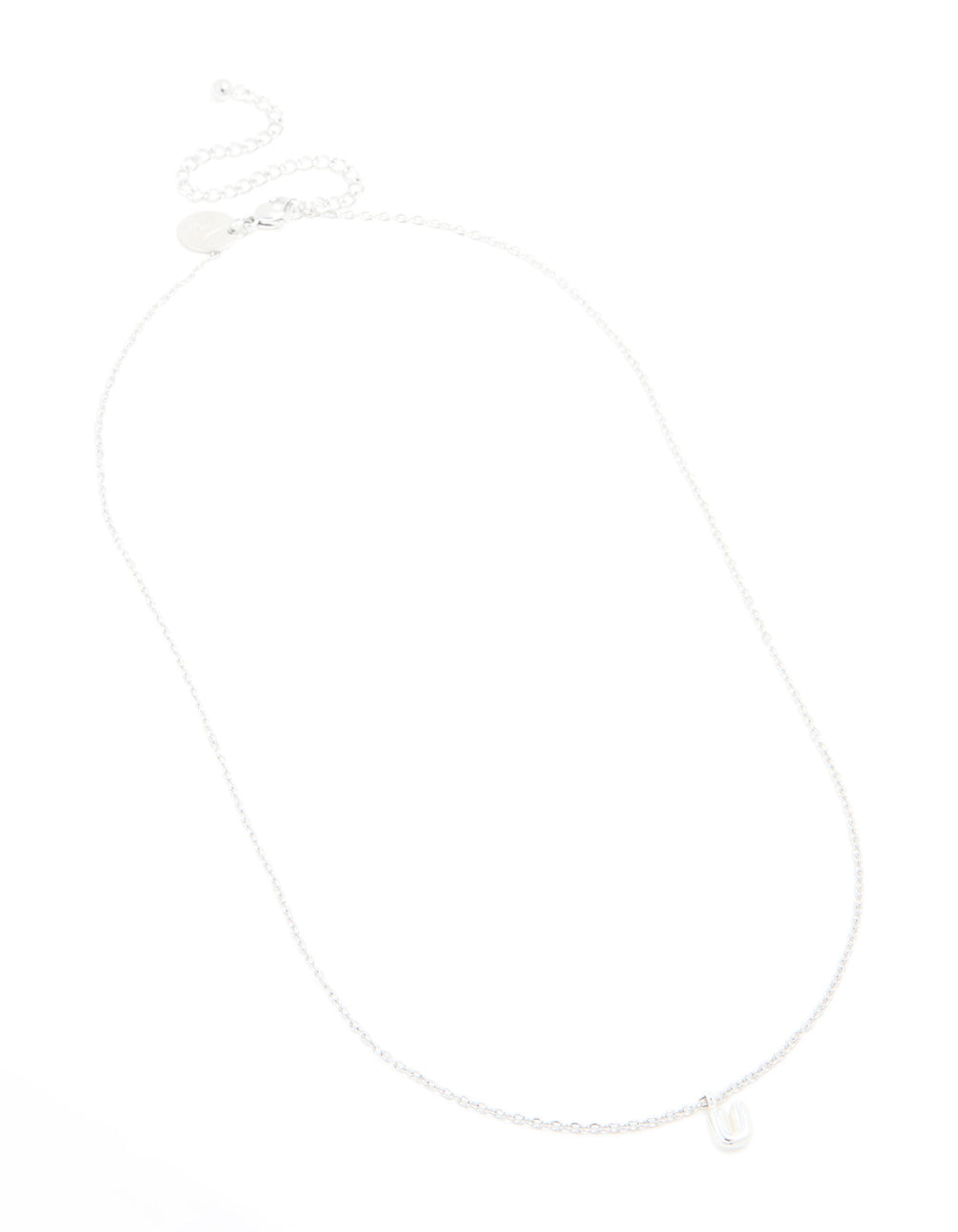Featuring waterproof stainless steel mini bubble letter U necklace with initial pendant in silver close up view