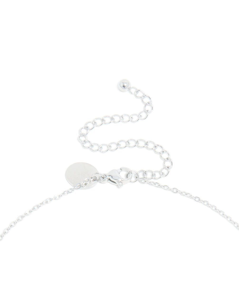 Crafted from waterproof stainless steel, this mini bubble letter M necklace with initial pendant in silver plated clasp detail view