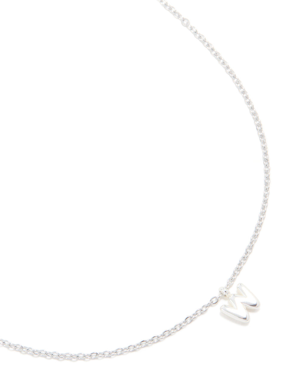 Discover a waterproof stainless steel mini bubble letter W necklace pendant in silver close up view