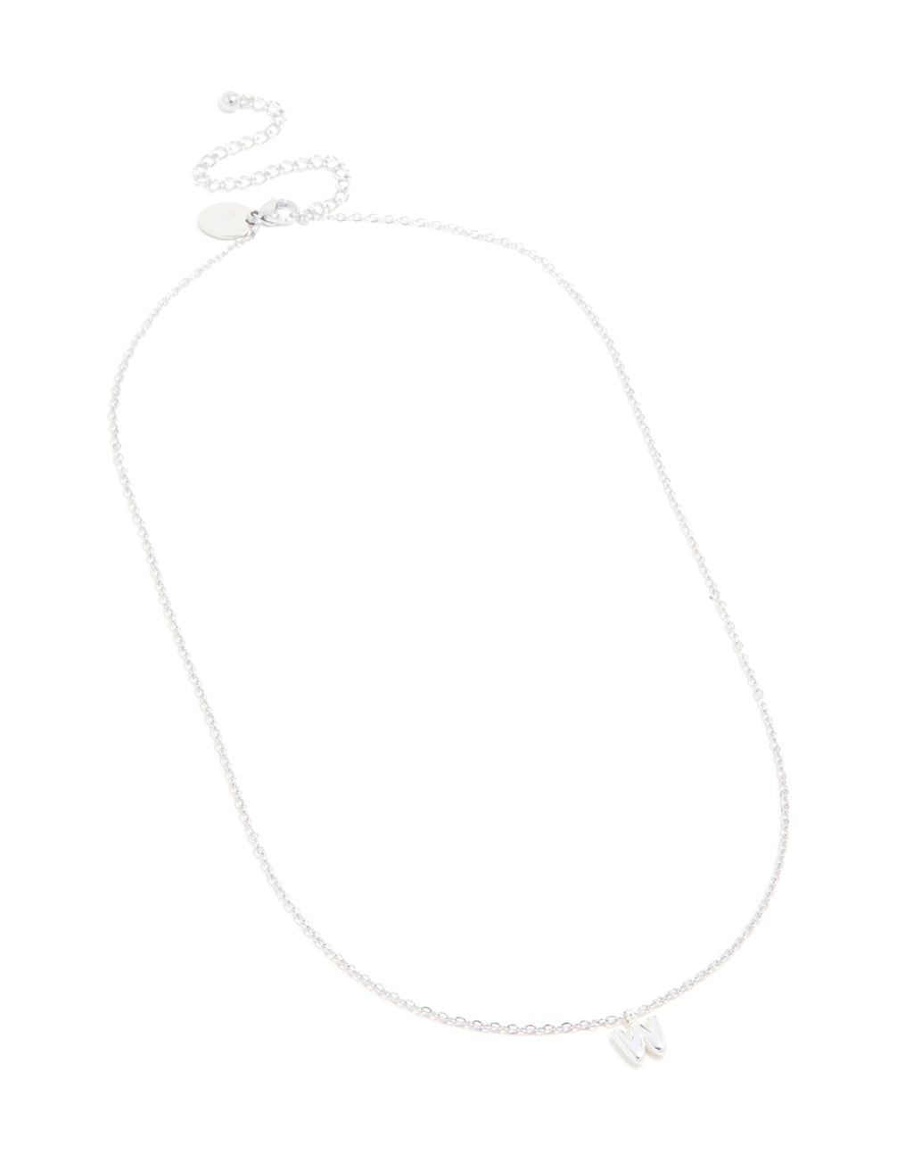 Beautiful waterproof stainless steel mini bubble letter W necklace pendant in silver front view