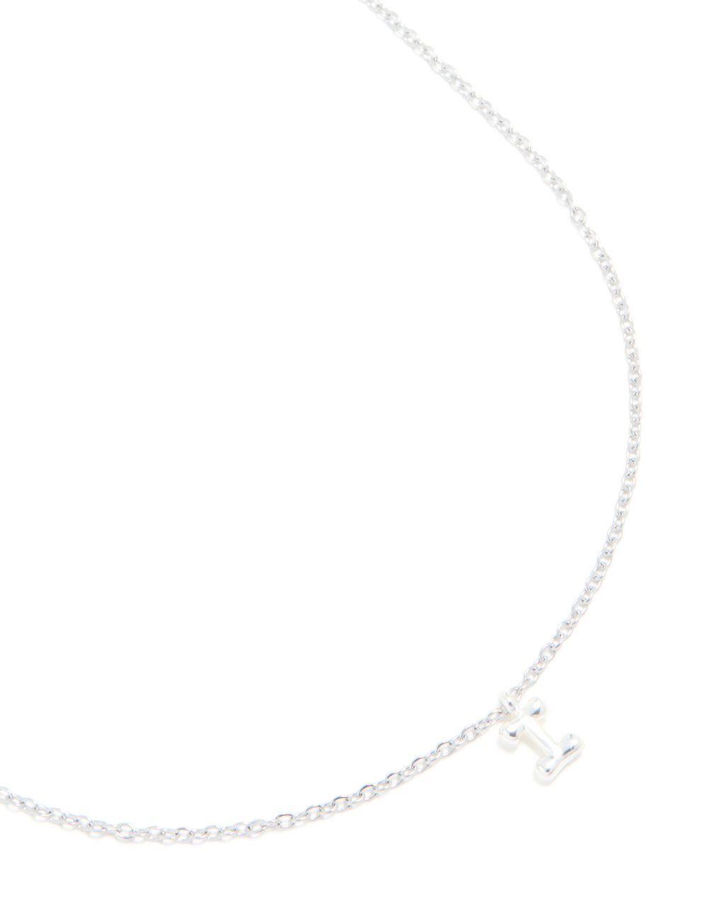 Elegant bubble letter I initial pendant necklace crafted from waterproof stainless steel in silver close up view