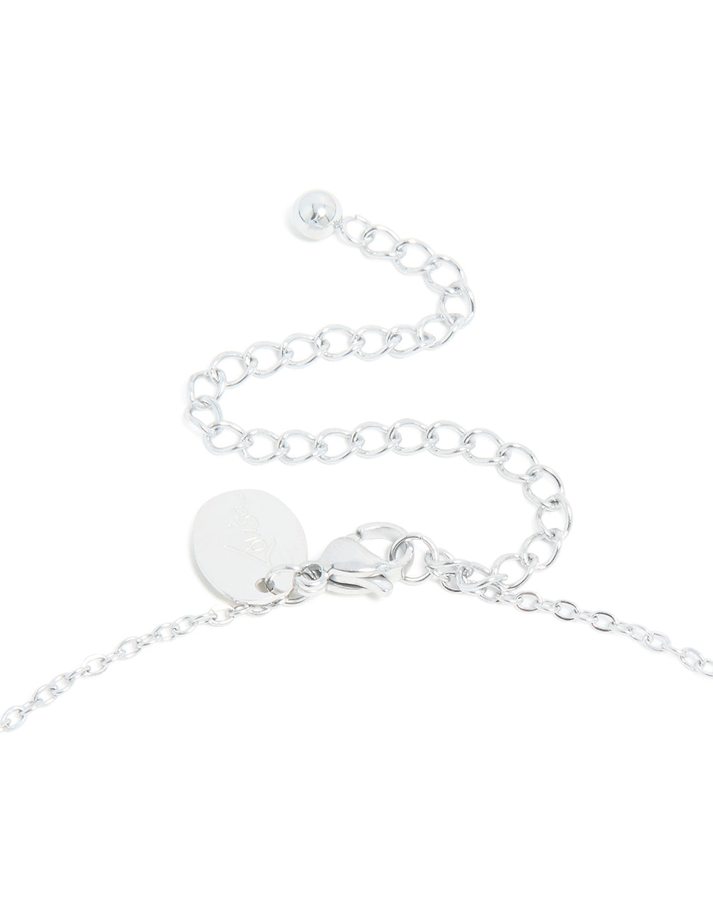 Designed with waterproof stainless steel mini bubble letter G necklace featuring initials pendant in silver clasp detail view