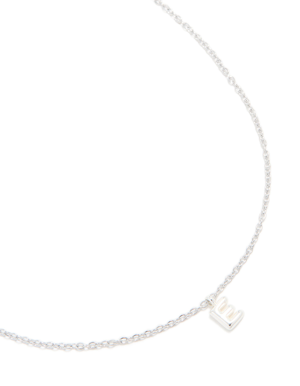 Discover this waterproof stainless steel mini bubble letter E necklace featuring initial pendant in silver close up view