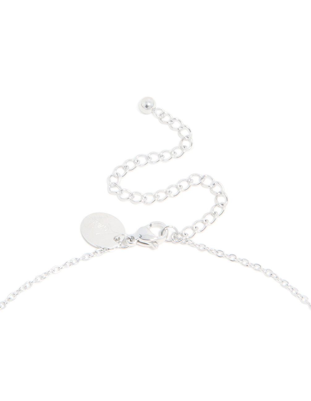 Detailed look at waterproof stainless steel mini bubble letter E necklace initial pendant in silver clasp detail view