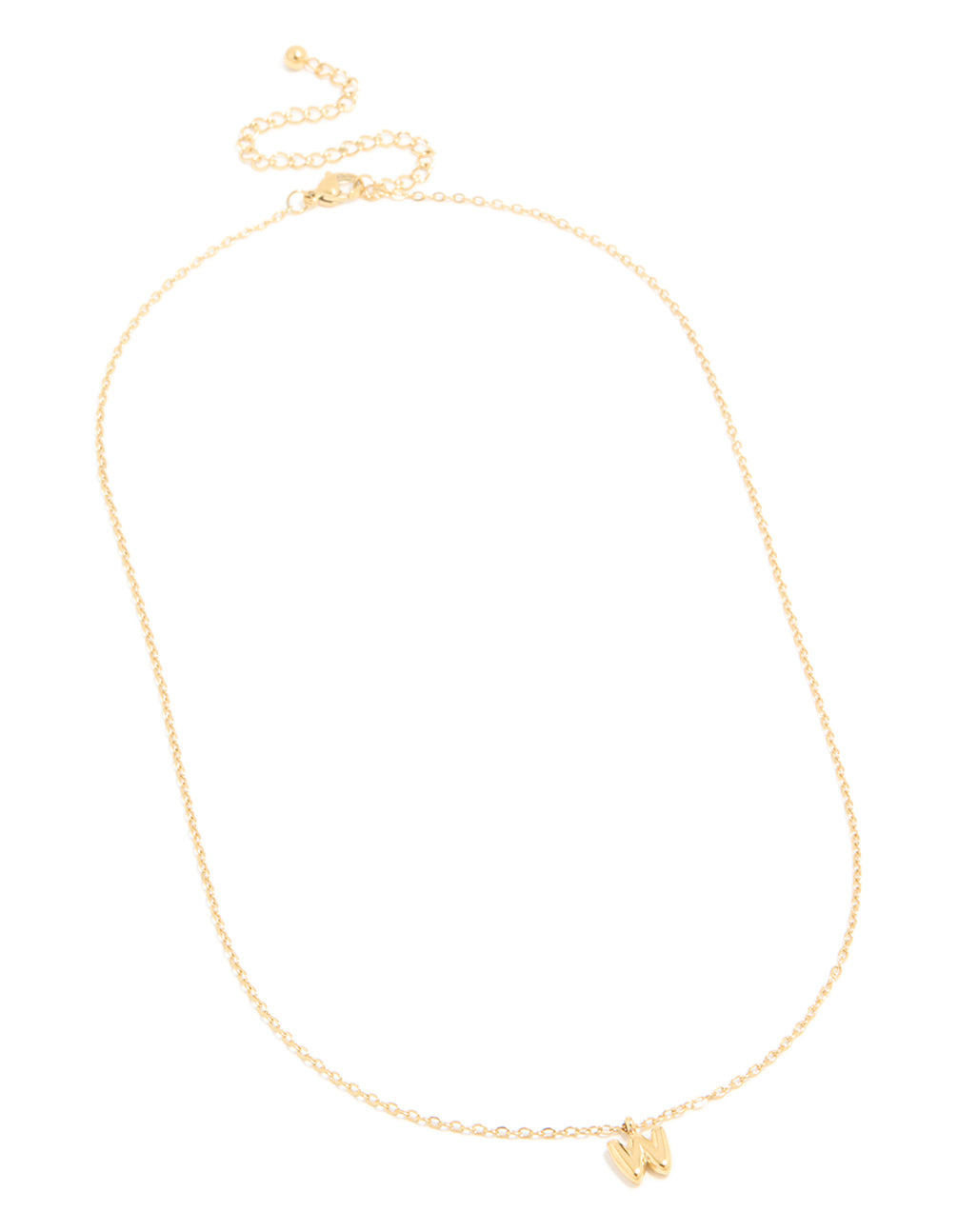 Discover waterproof mini bubble letter W necklace featuring initial pendant in stainless steel with plated finish front view