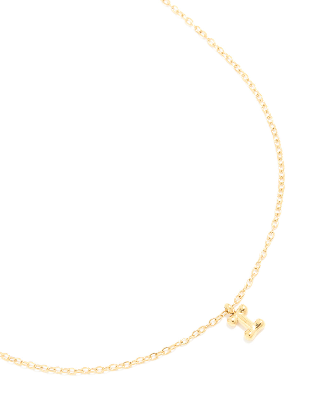 Elevate your look with a waterproof mini bubble letter I necklace featuring initial pendant crafted from stainless steel in gold plated finish close up view