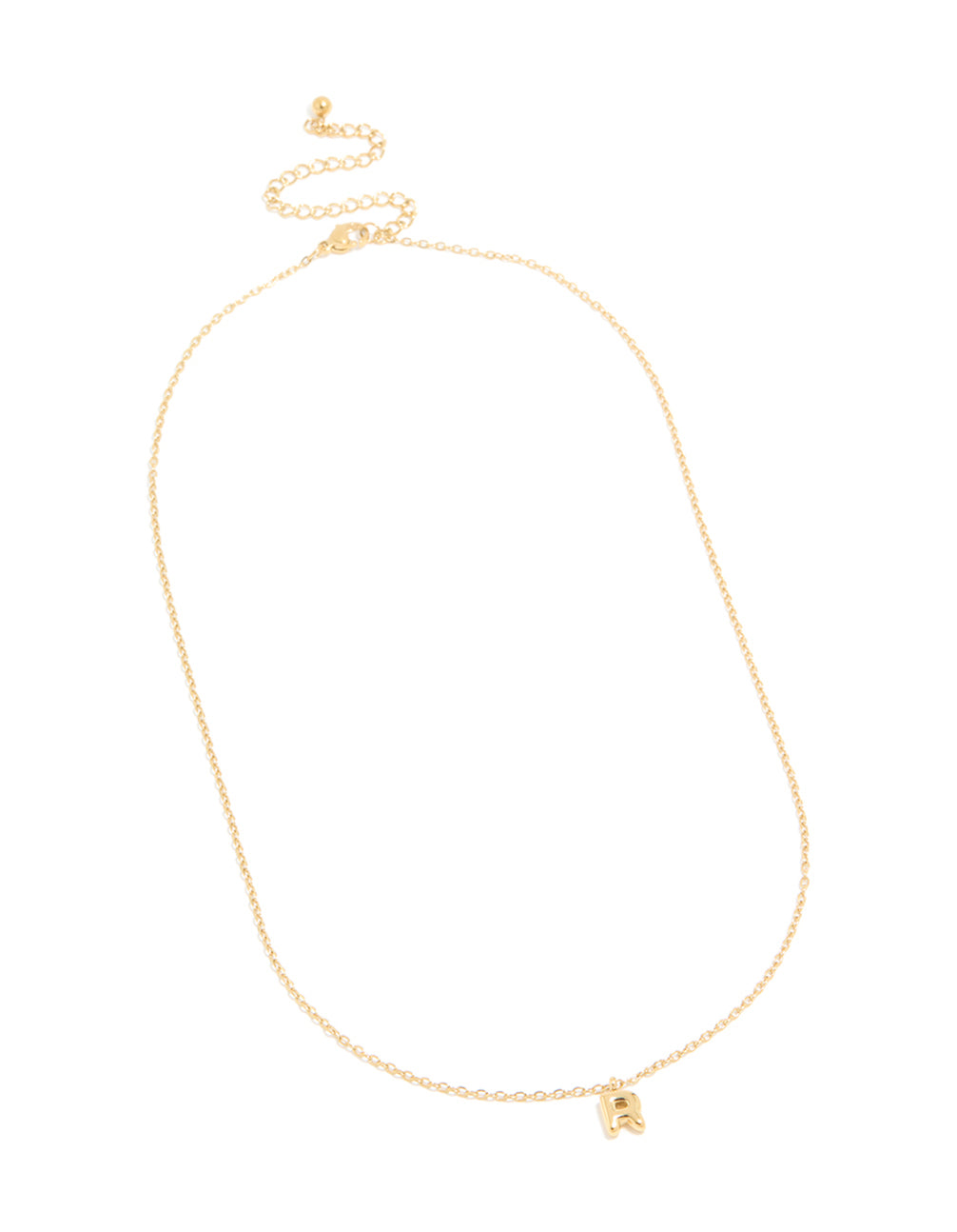 Presenting the waterproof gold plated stainless steel mini bubble letter R initial pendant necklace with dainty styling front view