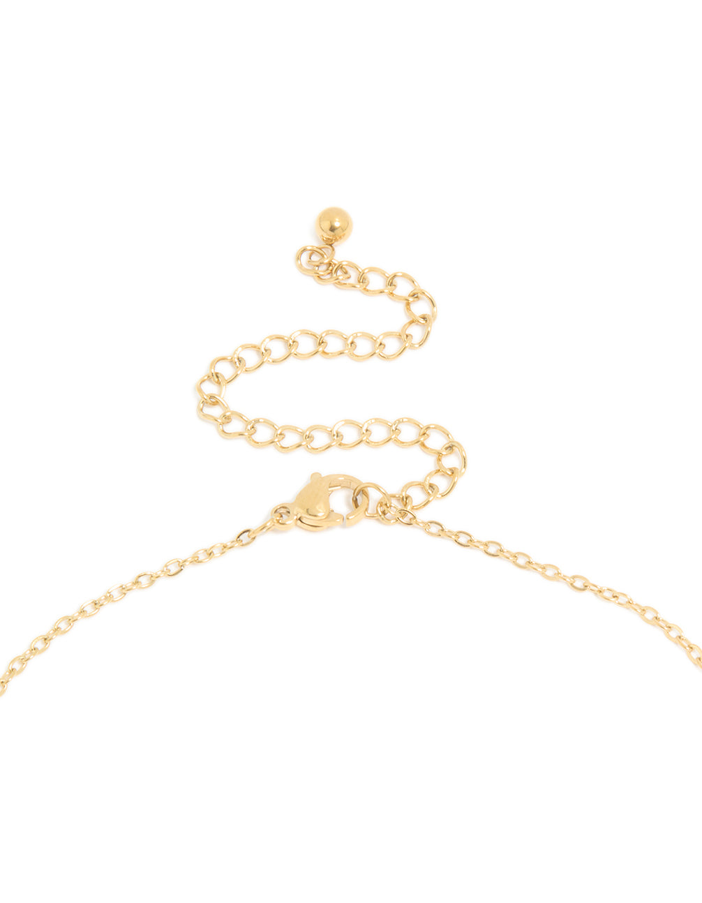 Explore the a waterproof gold plated stainless steel mini bubble letter R initial pendant necklace with dainty styling, fastening clasp detail view