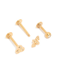 Gold Plated Surgical Steel Cubic Zirconia & Honey Bee Flat Back Studs 3-Pack - link has visual effect only