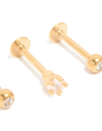 Gold Plated Surgical Steel Cubic Zirconia Round Flat Back Studs 3-Pack - link has visual effect only
