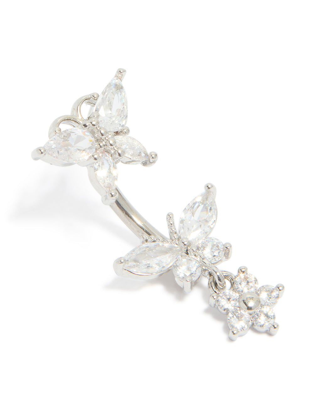 Surgical Steel Cubic Zirconia Butterflies & Flower Drop Belly Bar
