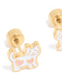 Kids Gold Plated Surgical Steel Heart White Cat Flat Back Studs - link has visual effect only