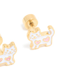 Kids Gold Plated Surgical Steel Heart White Cat Flat Back Studs - link has visual effect only