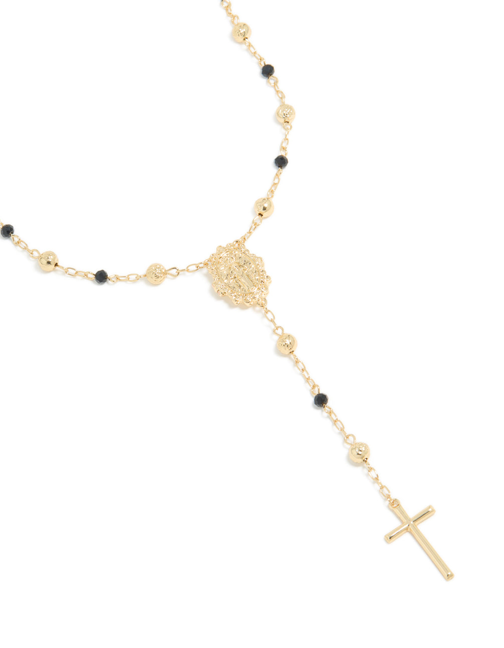 Gold Plated Black Beaded & Cross Lariat Necklace