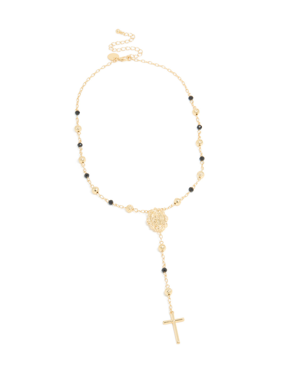 Gold Plated Black Beaded & Cross Lariat Necklace