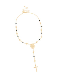 Gold Plated Black Beaded & Cross Lariat Necklace - link has visual effect only